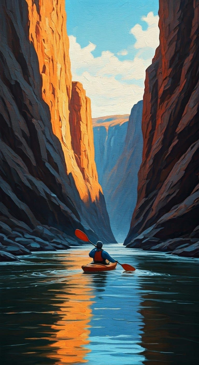 Determined Figure Navigates Vigorous Rapids in Sunrise Canyo...