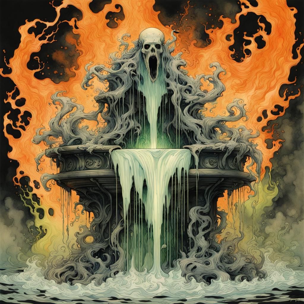 Terrifying Ghost Water Fountain in Watercolor Style