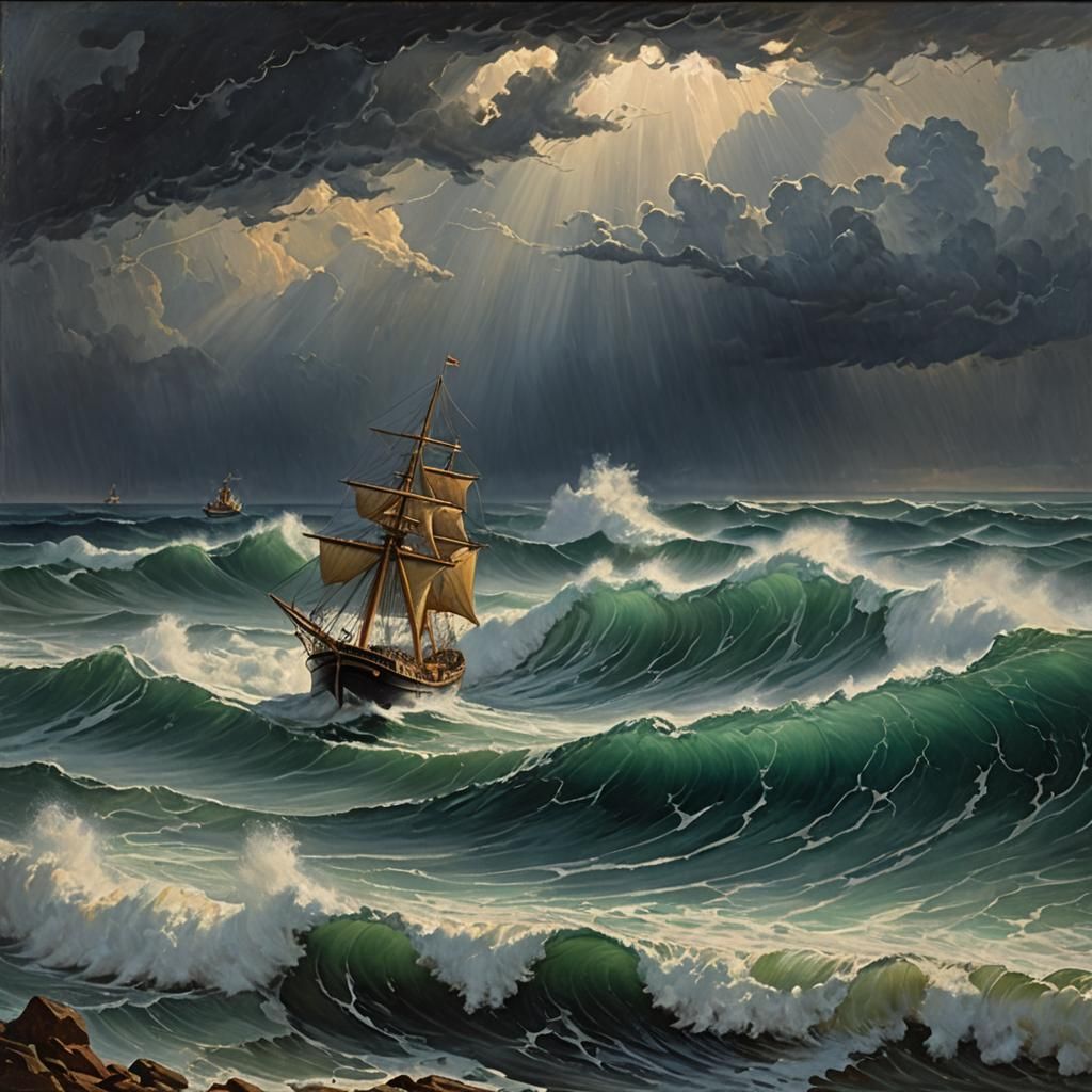 Ship in Stormy Seas: An Oil Painting