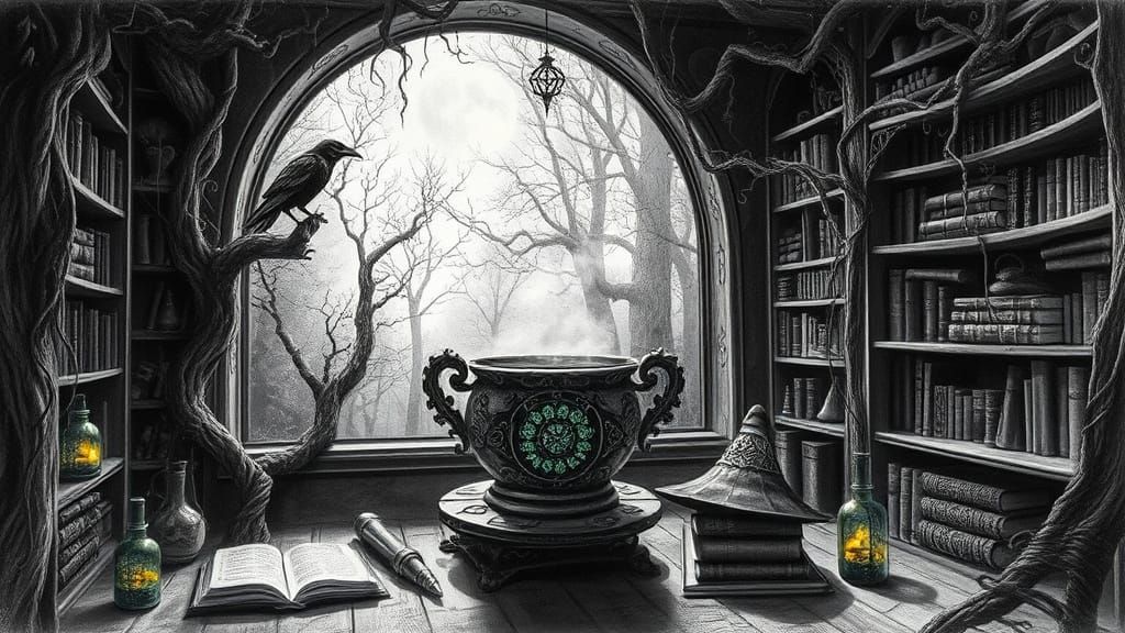 Whimsical Witch's Sanctum in Charcoal Sketch