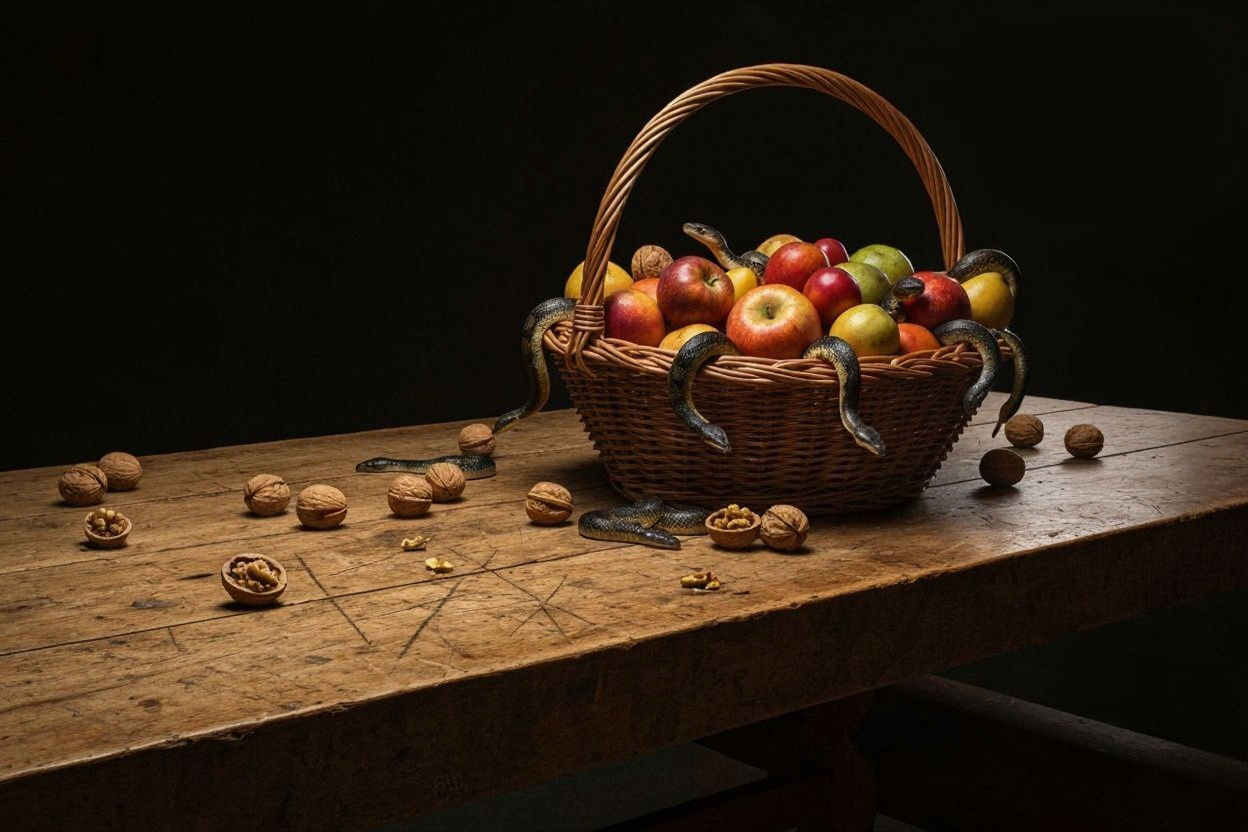 Baroque Still Life with Fruit, Snakes, and Walnuts