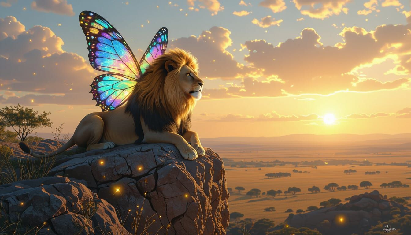 Majestic lion with butterfly wings