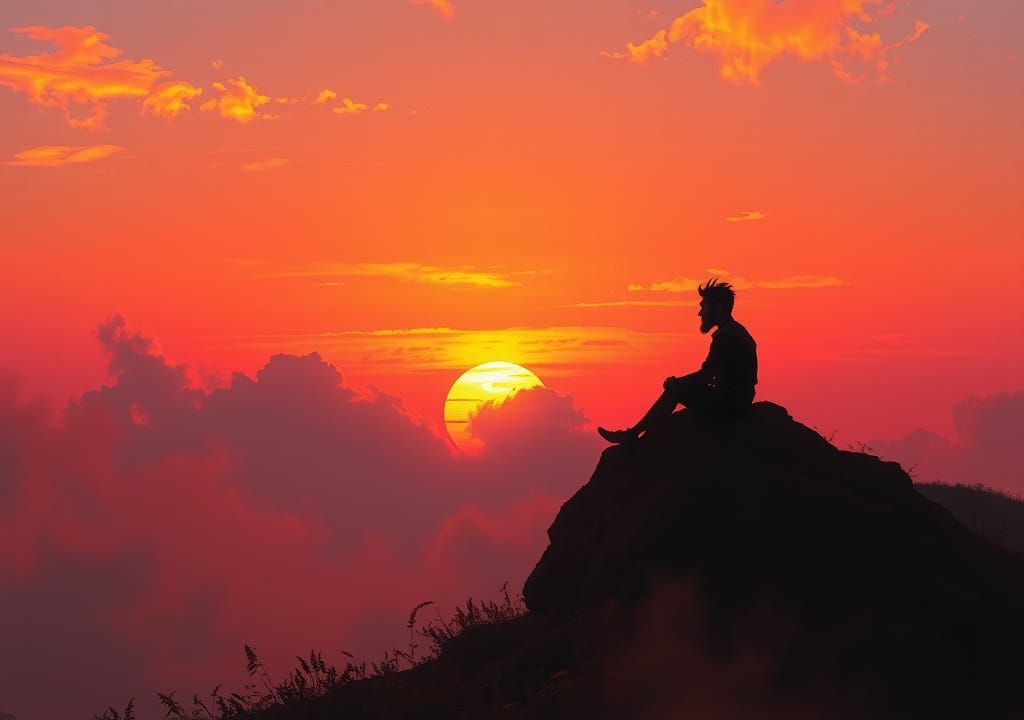 Lone Figure Contemplates Sunset Landscape Painting