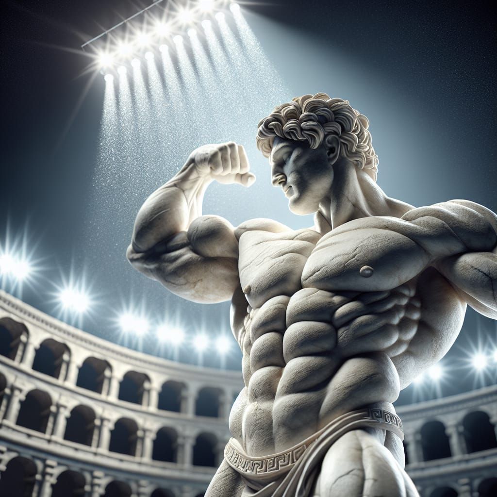Marble Wrestler Statue Flexing in a Coliseum