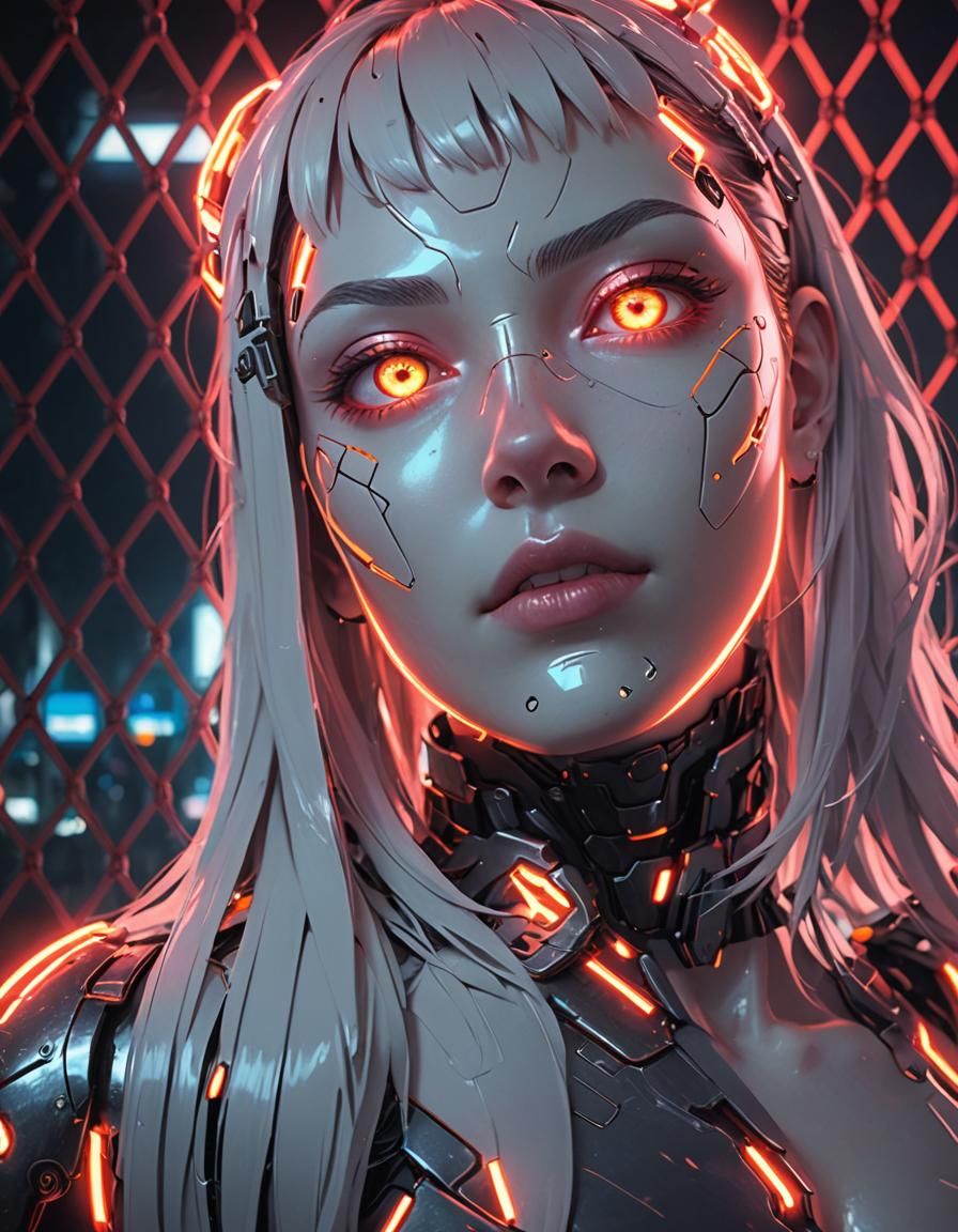 Anime-Style Cyborg Girl in Neon Cityscape