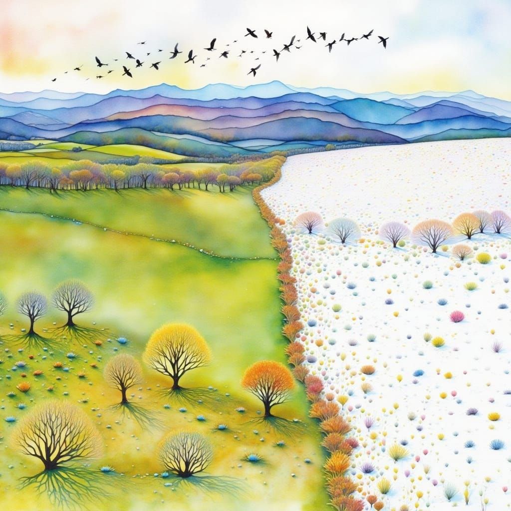 Spring Awakening with Cranes Over a Split Landscape