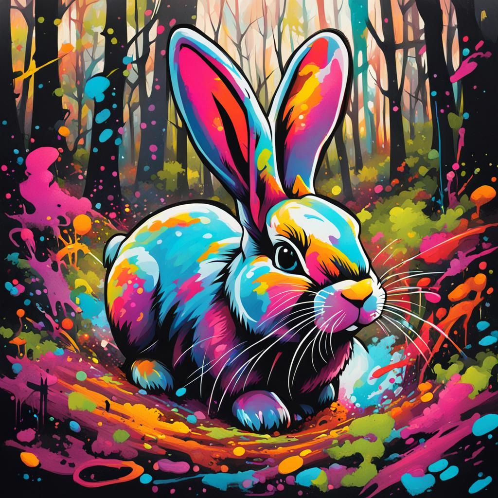 Colorful Graffiti Art: Bunny Hopping in the Woods