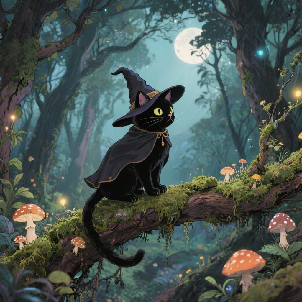 Black Cat Witch in Enchanted Forest Moonlight
