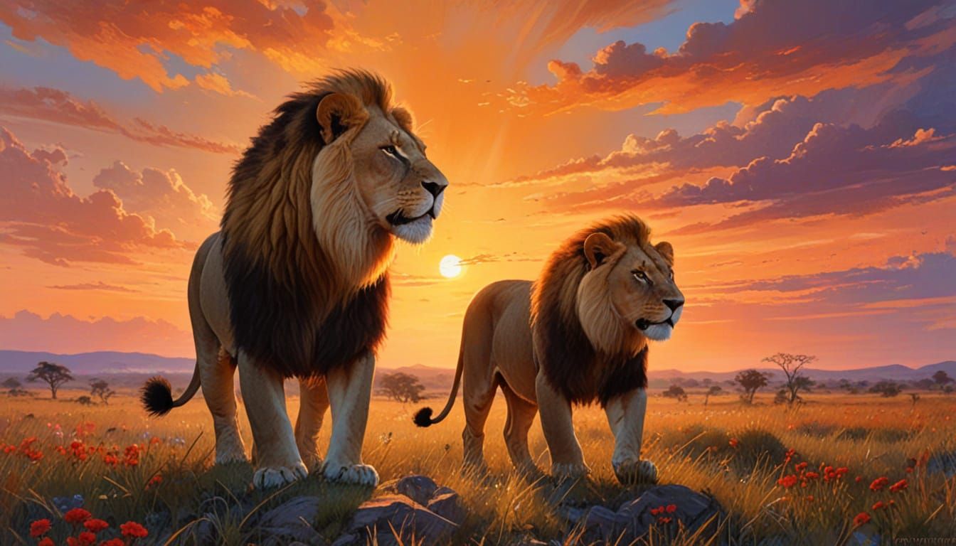 Savannah Sunset Roar: Vibrant Expressionist Oil Painting