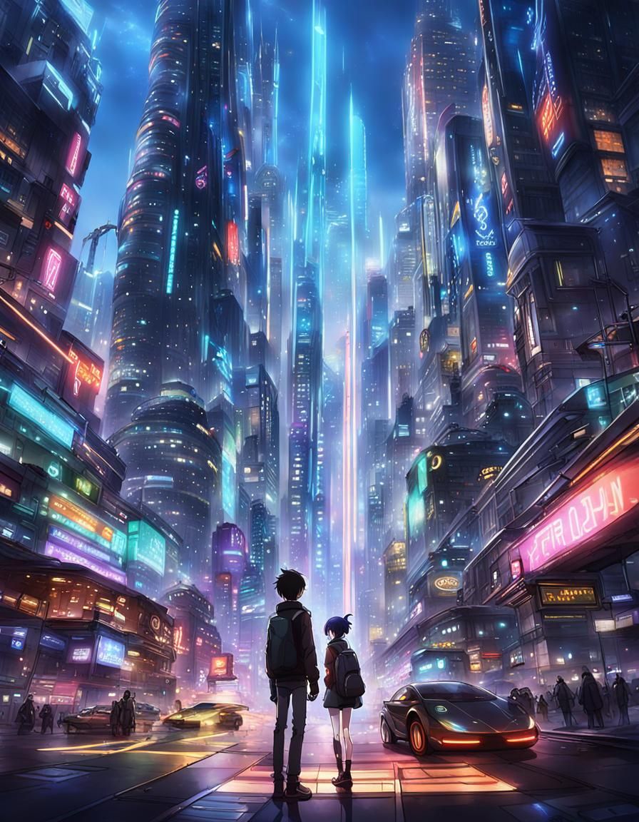Futuristic Metropolis: Anime-Style Cyberpunk Adventure