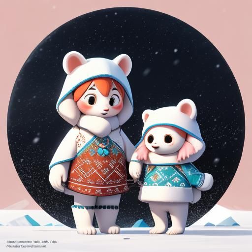 Eskimo Girl and Polar Bear in Arctic Landscape