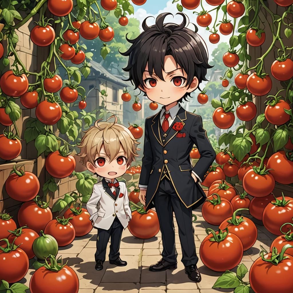 Chibi Tomato Aristocrat and Onion Boy in Anime Style