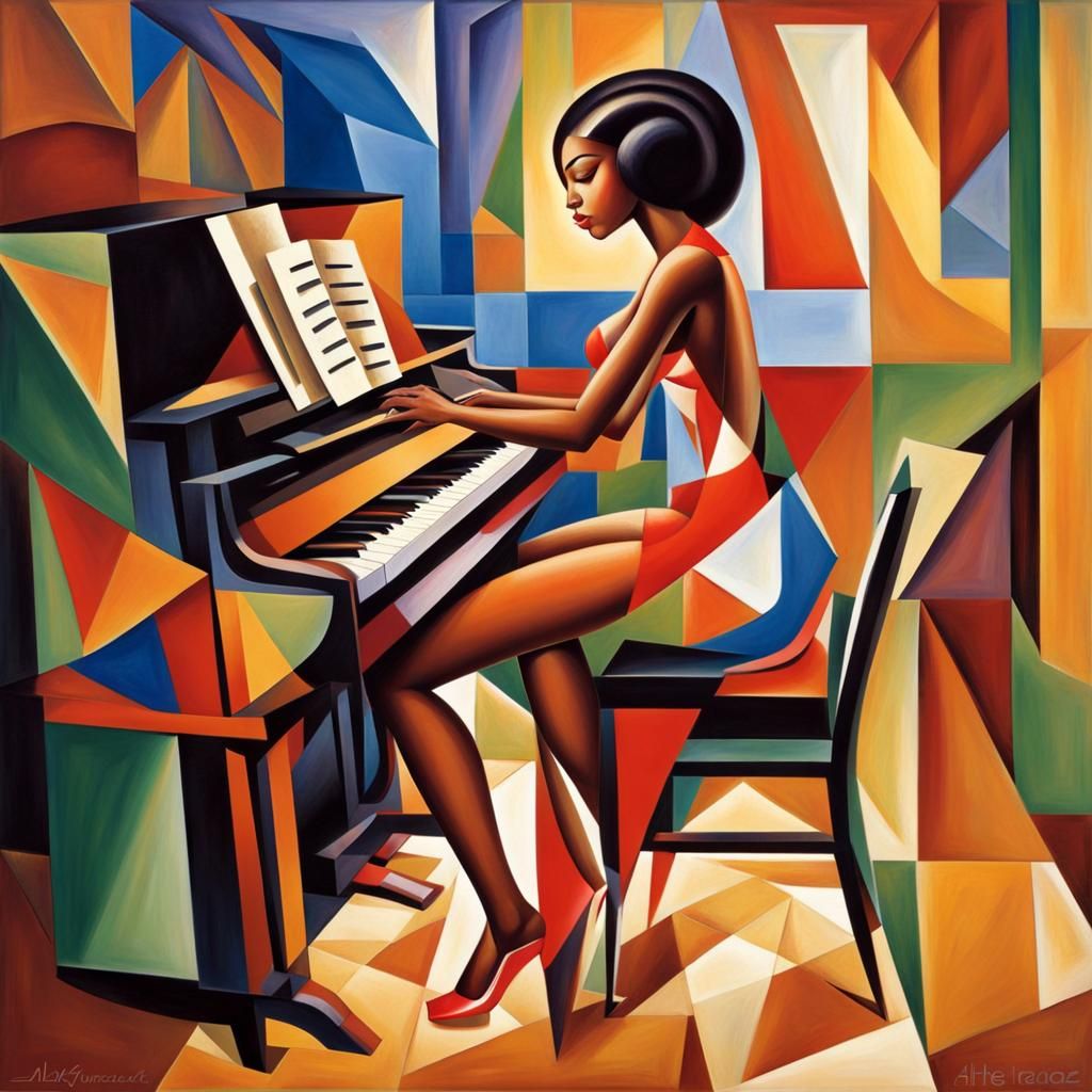 Girl Plays Piano in Abstract Cubism Style