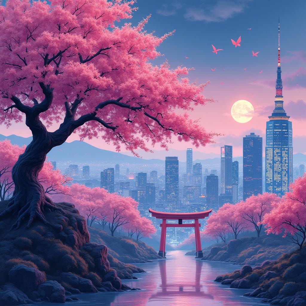 Surreal Cherry Blossom Gate in Neon Tokyo Watercolor