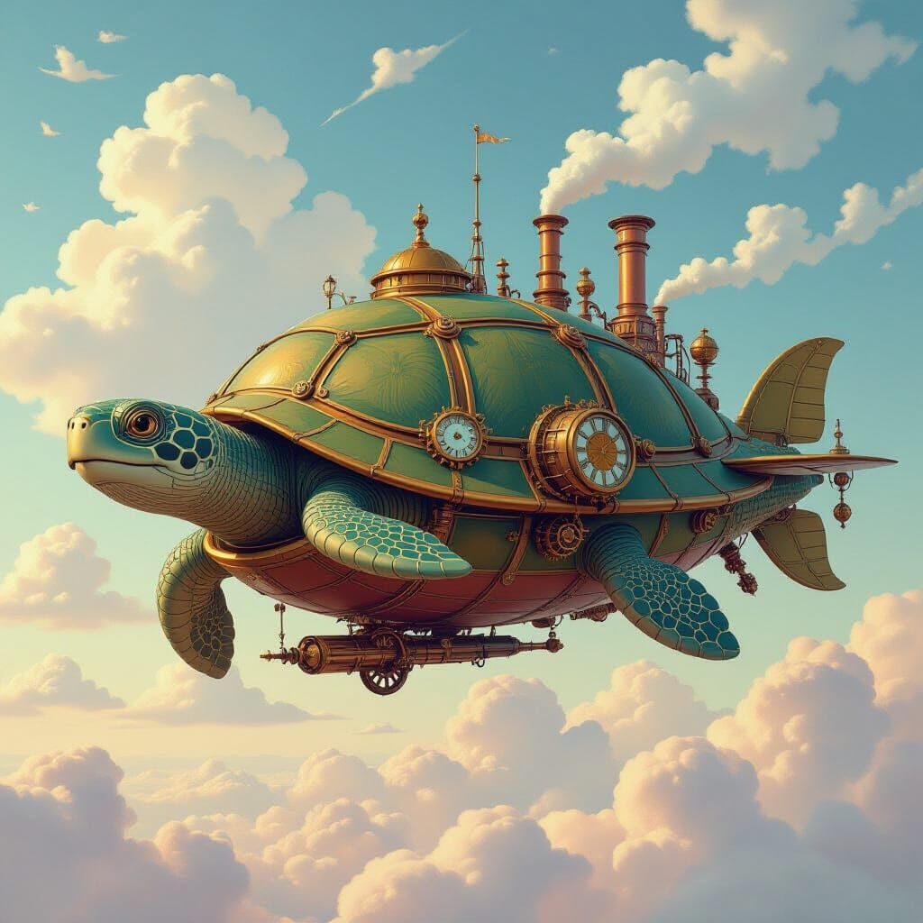 Steampunk Turtle Airship Soaring in Art Nouveau Style