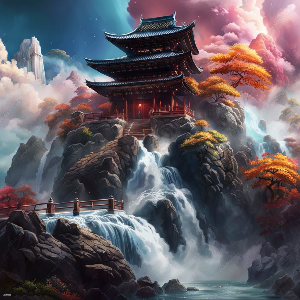 Cinematic Cloud Dojo with Waterfall