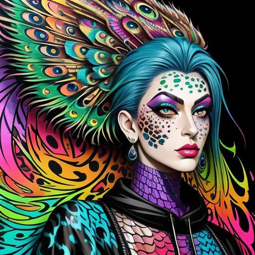 Rainbow Dragon Woman in Graffiti Art Style