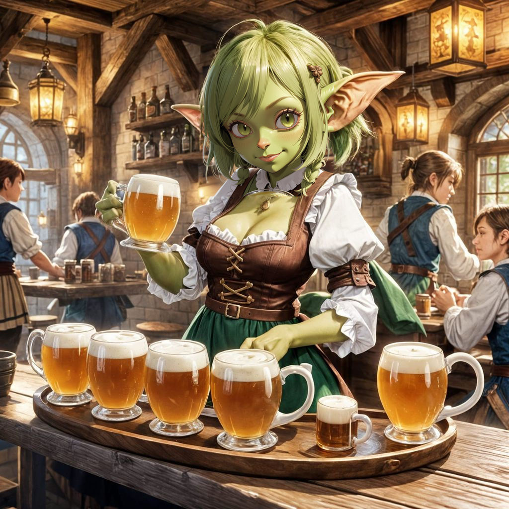 Cute Goblin Barmaid Serving Ale in Fantasy Tavern