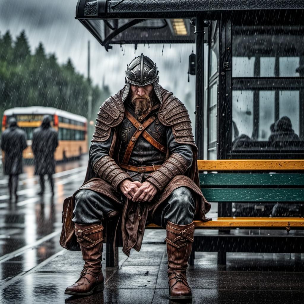 Hyperrealistic Viking Warrior at Rainy Bus Stop