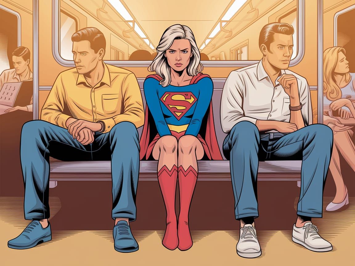 Supergirl in a Bustling Subway Car Scene, Warmly Lit with Fr...