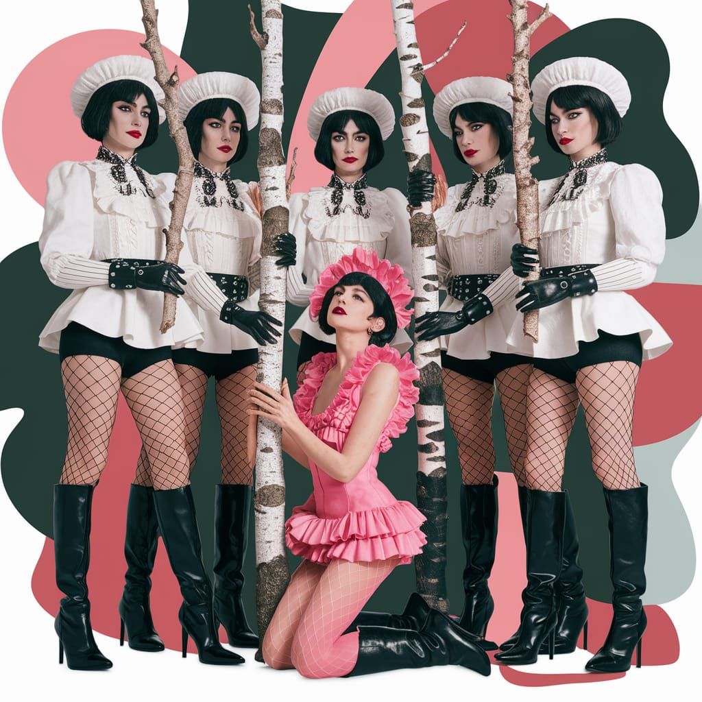 Anne Hathaway Clones in Abstract Art Surrounding a Kneeling...