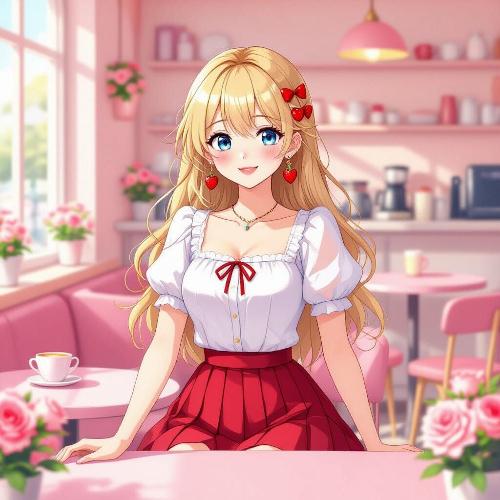 Blond Girl in Café: Anime-Inspired Cherry Pop Art