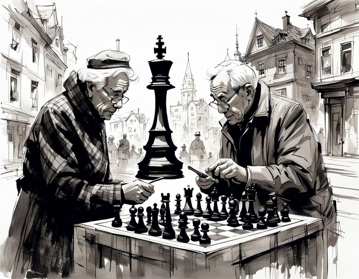 Chess Champion Grandparents in Urban Sketch Style
