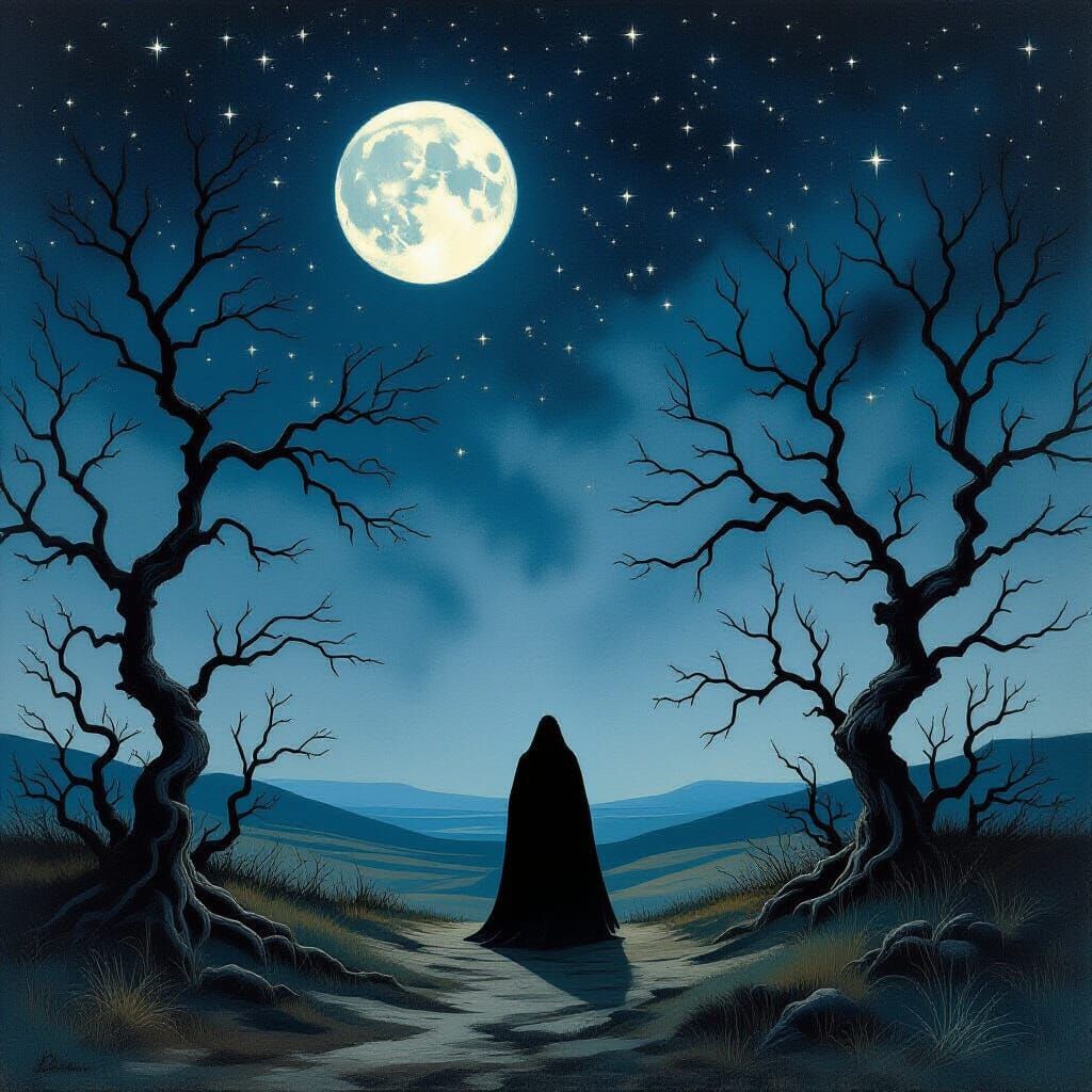 Shadow Figure on Moonlit Moor in Dark Surrealism Style
