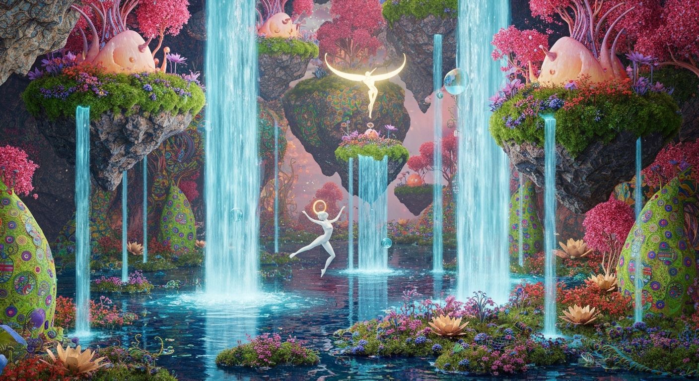Celestial Being Dances in Surreal Utopian Landscape