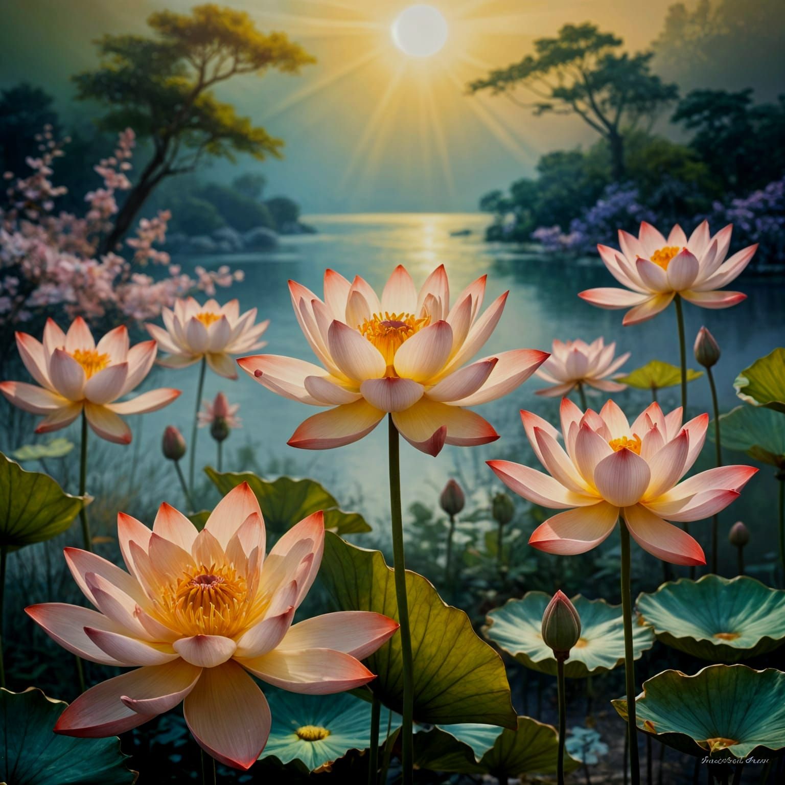 Vibrant Lotus Blossoms in Serene Sunshine