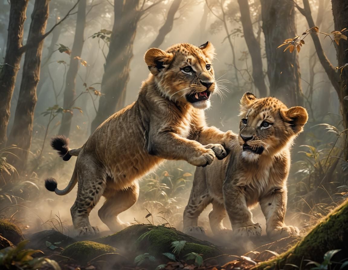 two loin cubs play fighting