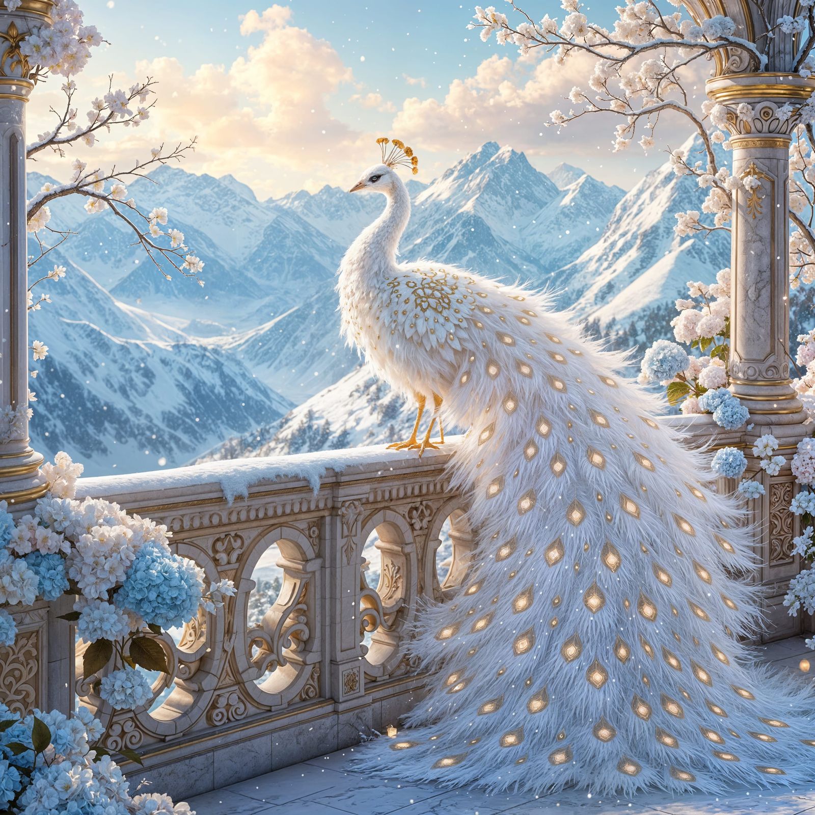 Dreamy Snow Scene with Majestic White Peacock