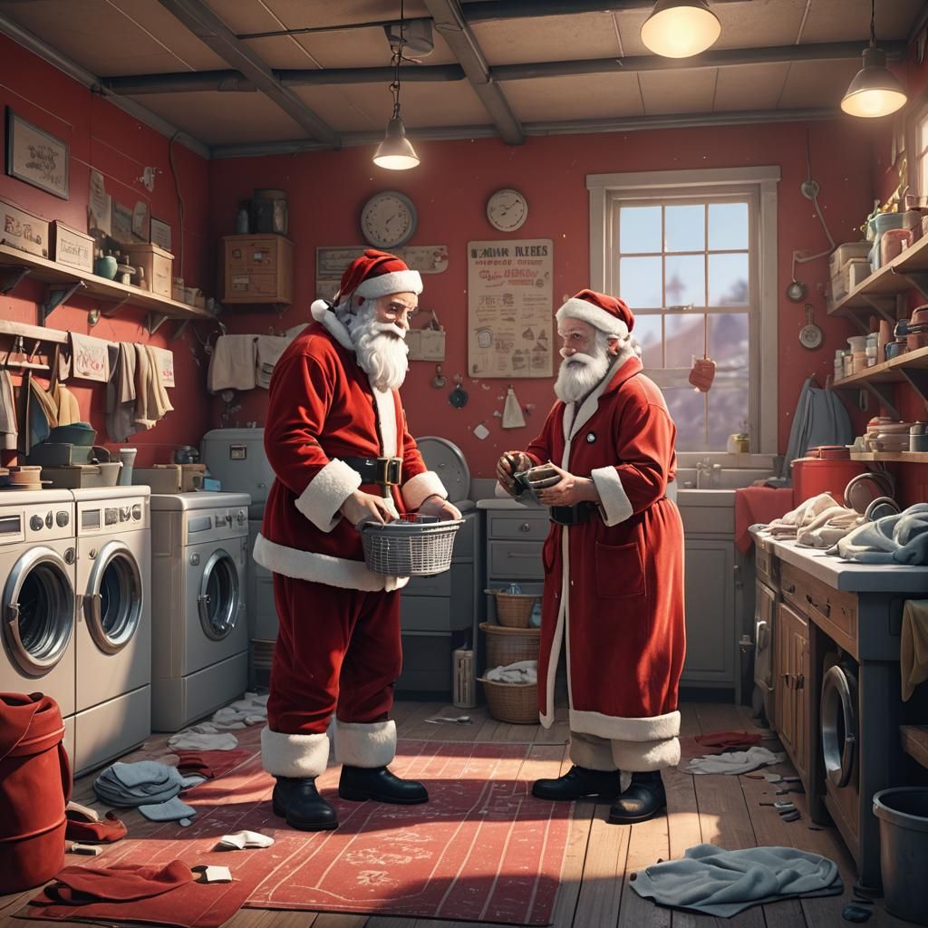 Vintage Santa Hands Off Filthy Red Suit to His Wife for Clea...