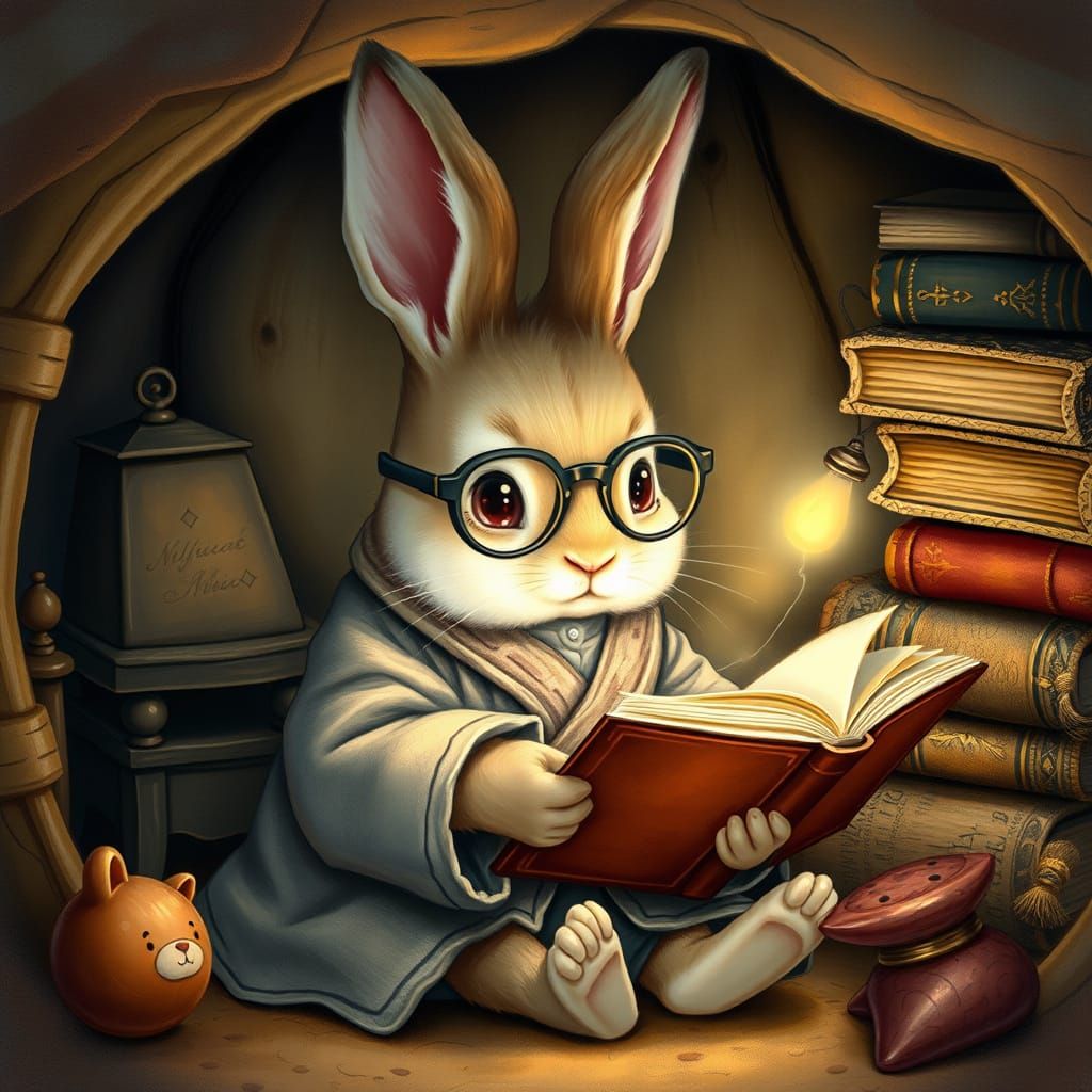 A Baby Rabbit Enjoys a Cozy Evening with a Book and Firefly