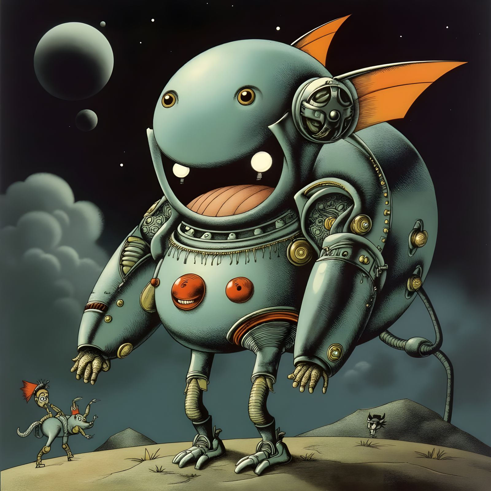 Whimsical Robot Spaceship in Hans Arnold-Inspired Artificial...