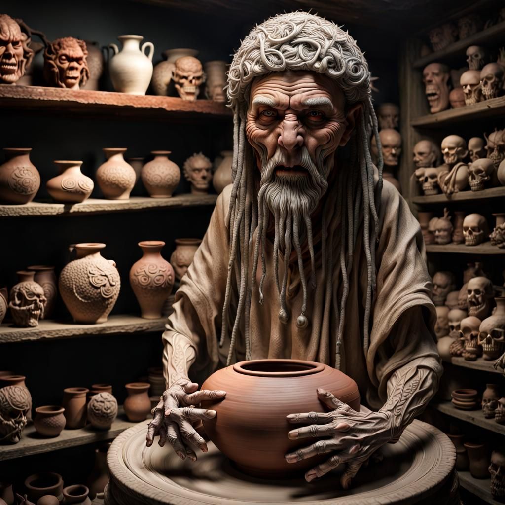 Demonic Pottery Shop with Clay Man in Horror Style