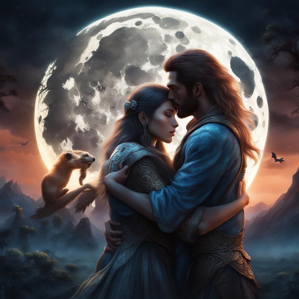 Fantasy Girl and Beast Man Embrace Under Moonlight