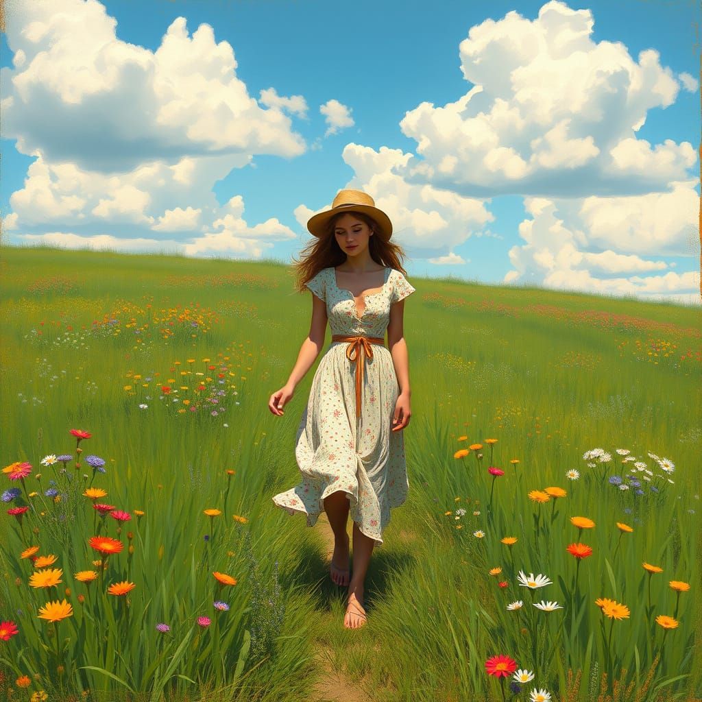 Woman in Meadow, Impressionist Style