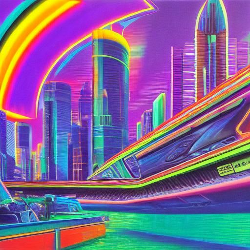Rainbow Synthwave Cityscape with Black Outlines