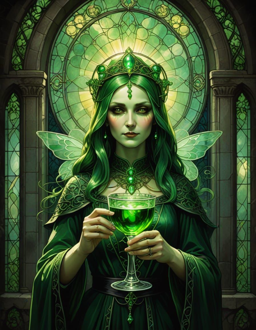 Green Fairy Absinthe Saint in Gothic Stained Glass