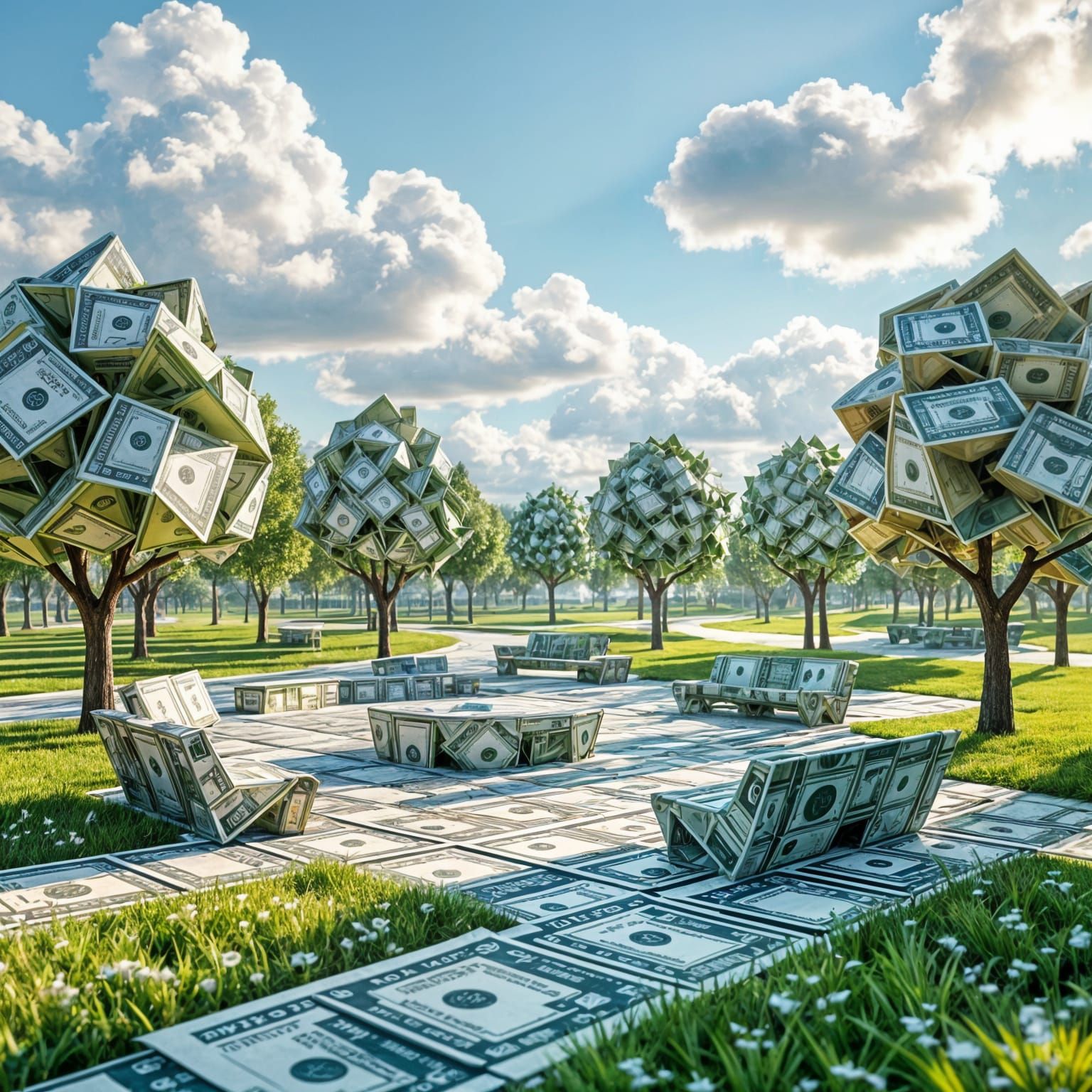 Origami Dollar Bill City Park in Surreal Light