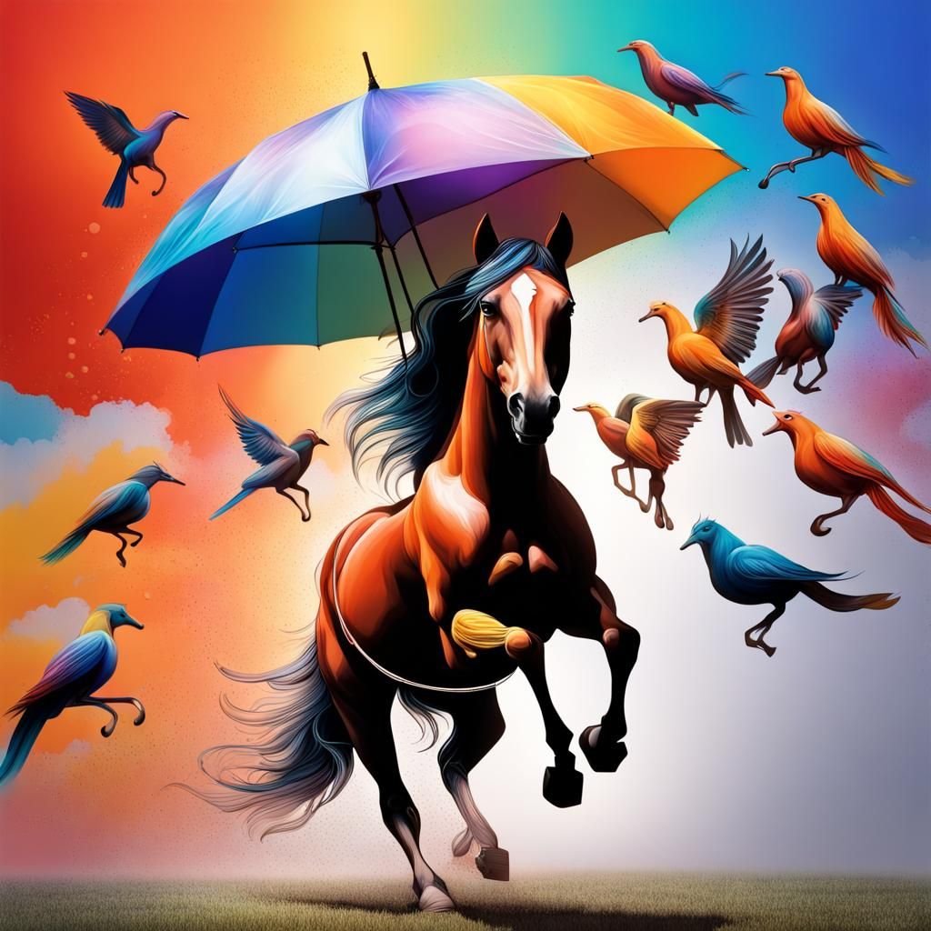 Hyperrealistic Dreamscape with Horses and Birds