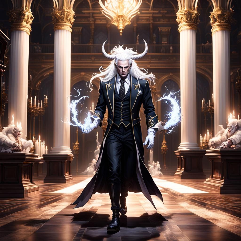 Demonic Aristocrat Mage in Ornate Hall: Dark Fantasy Art