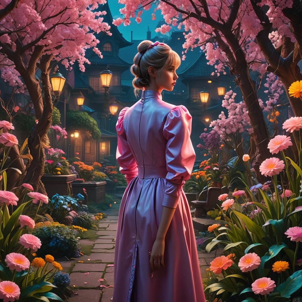 Cinderella in Cyberpunk Garden Talking to Candy