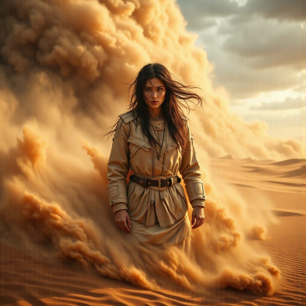 Resilient Figure in Golden Hour Sandstorm, Cinematic Aesthet...