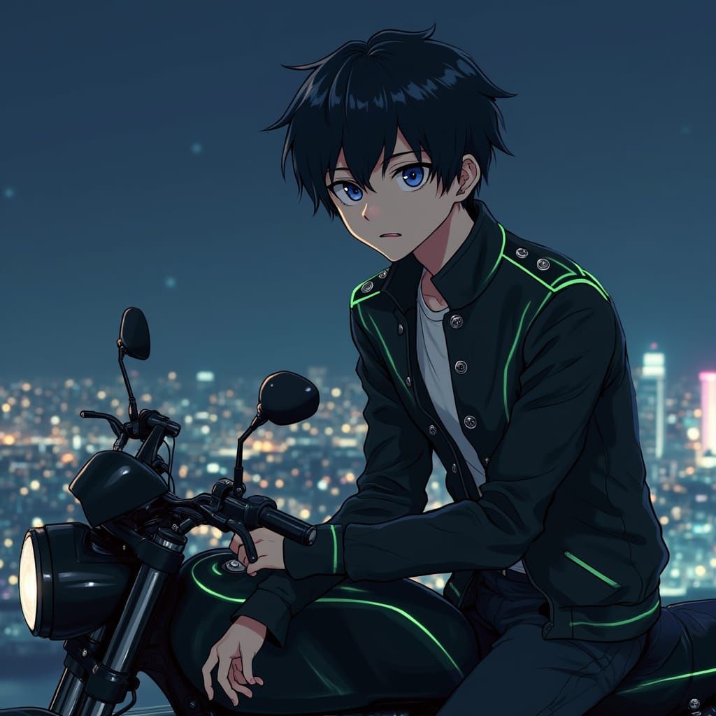 Anime Boy on Motorcycle in Cityscape at Night