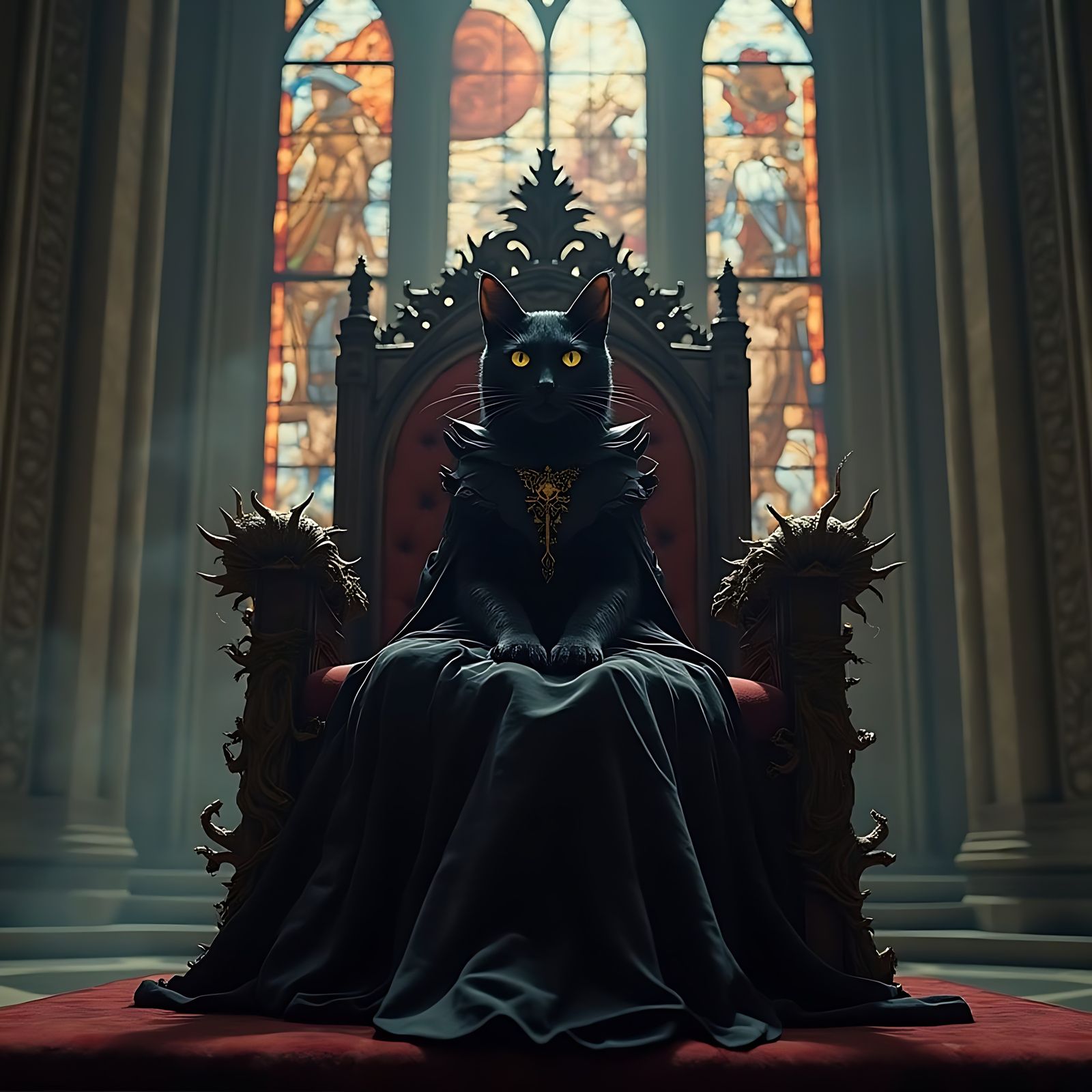 Black Cat on Throne in Gothic Cathedral: Digital Art