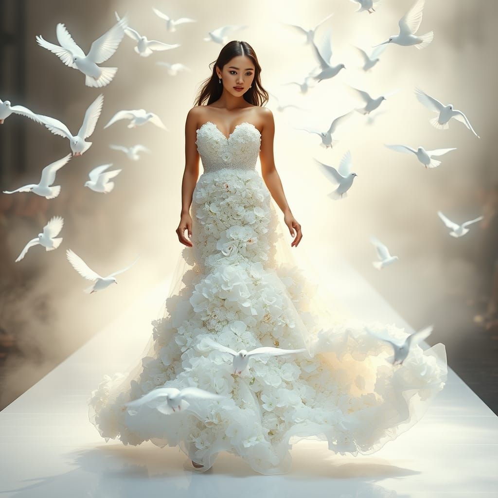 Asian Model in Whimsical Floral Gown Walks Down Misty Runway