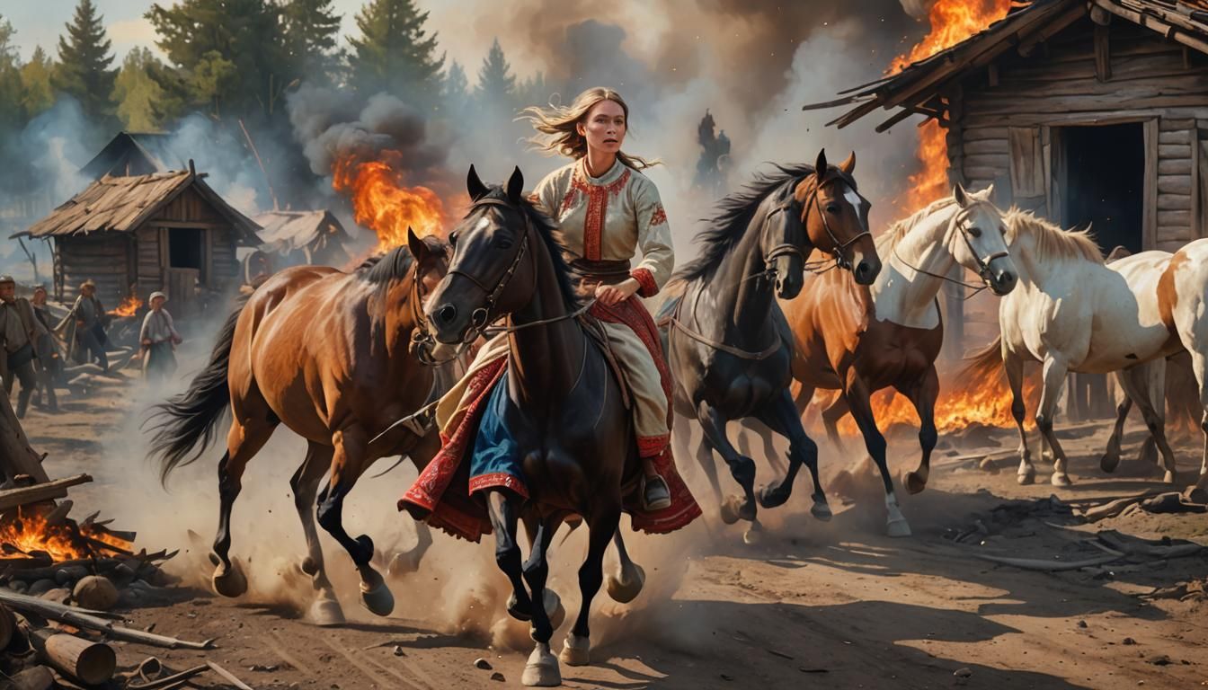 A Young Russian Peasant Stops a Galloping Horse Amidst a Bur...