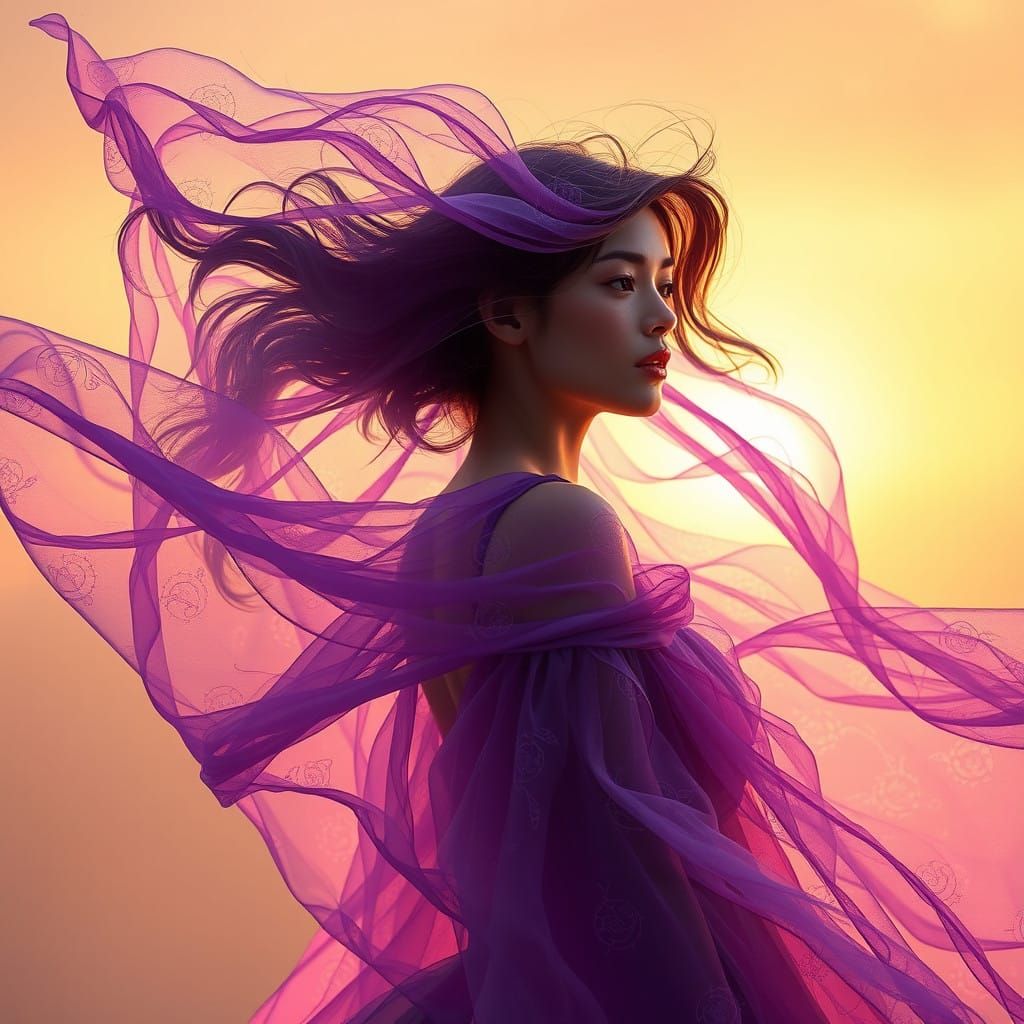 Ethereal Woman in Shimmering Purple Sunset Dress